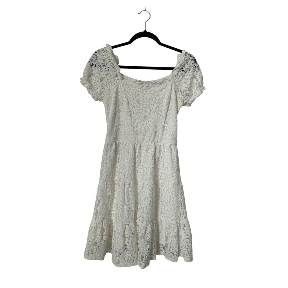 Monteau Los Angeles Dress Size M White Floral‎ Lace Crochet Smocked Tiered Puff